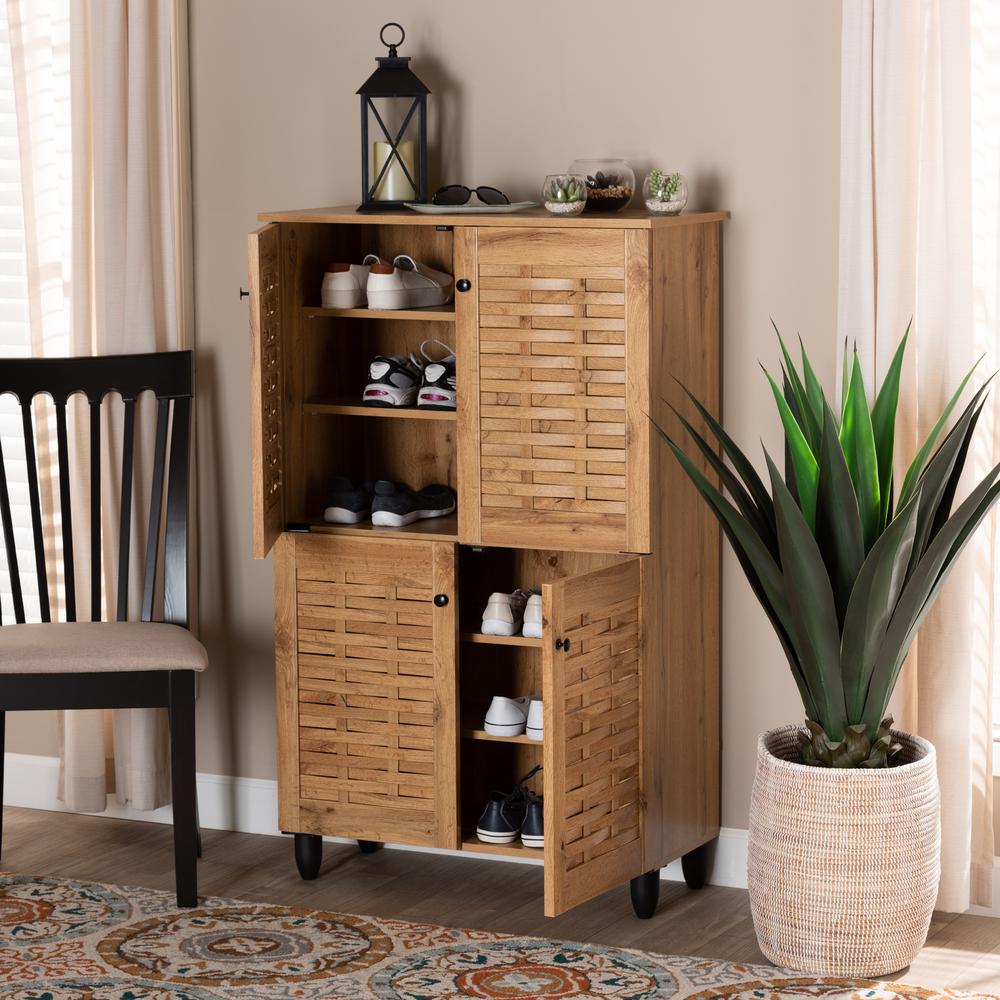 Oak Brown Finished Wood 4-Door Shoe Storage Cabinet. Picture 18