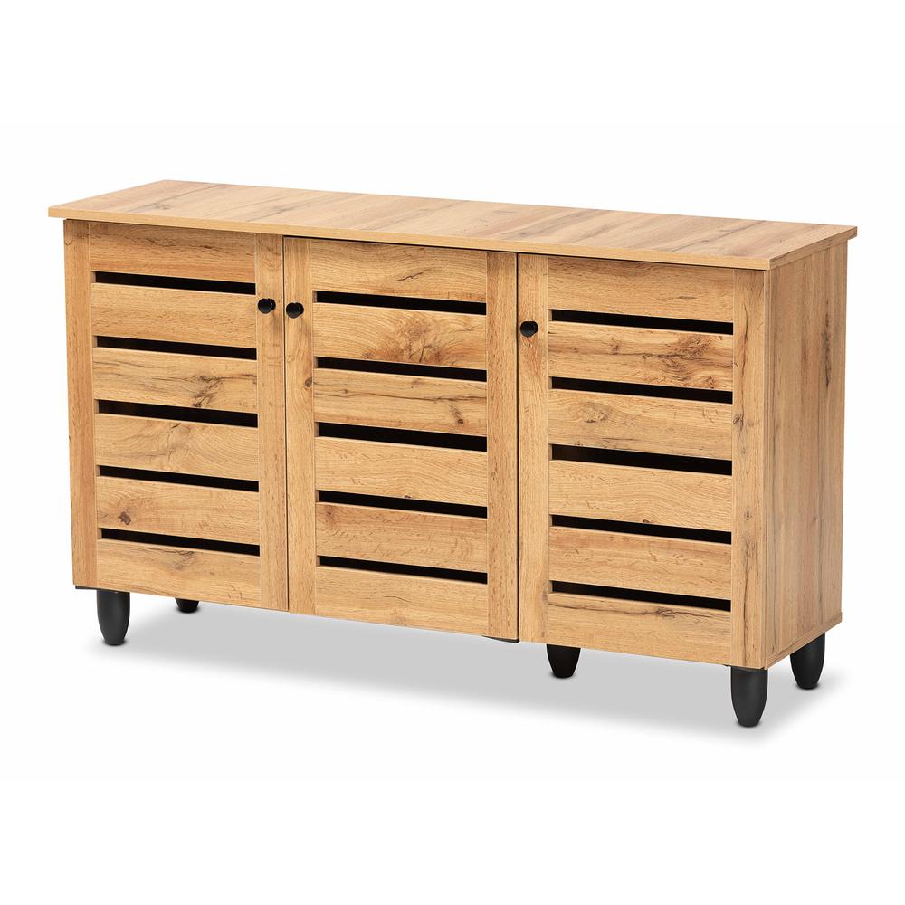 Oak Brown Finished Wood 3-Door Shoe Storage Cabinet. Picture 11
