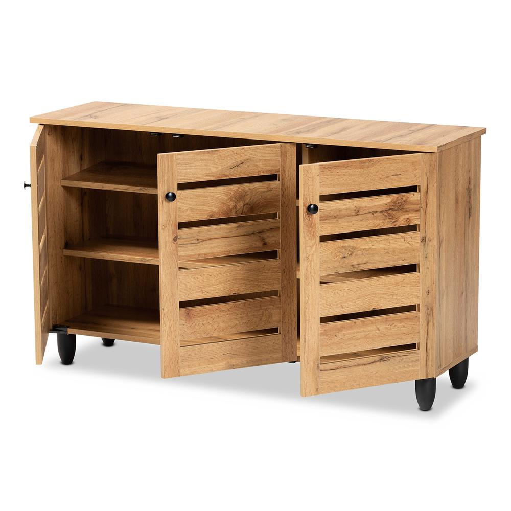 Oak Brown Finished Wood 3-Door Shoe Storage Cabinet. Picture 12