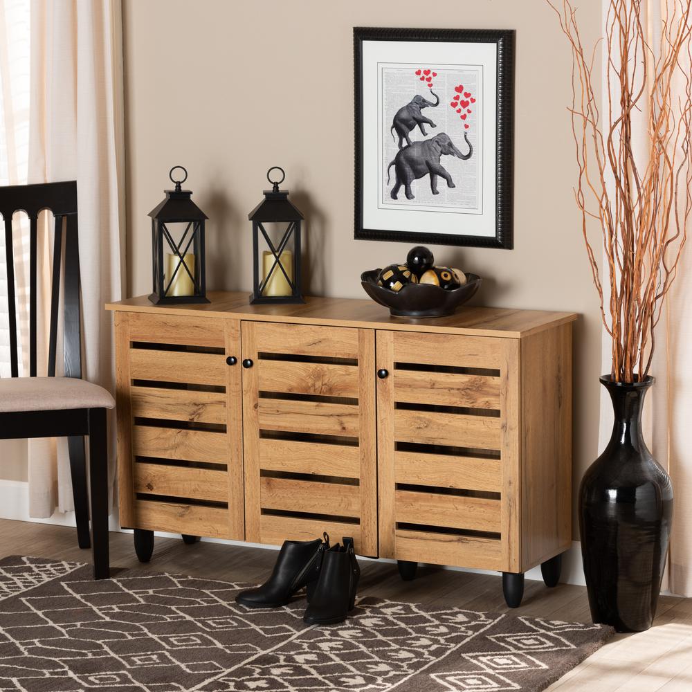 Oak Brown Finished Wood 3-Door Shoe Storage Cabinet. Picture 17