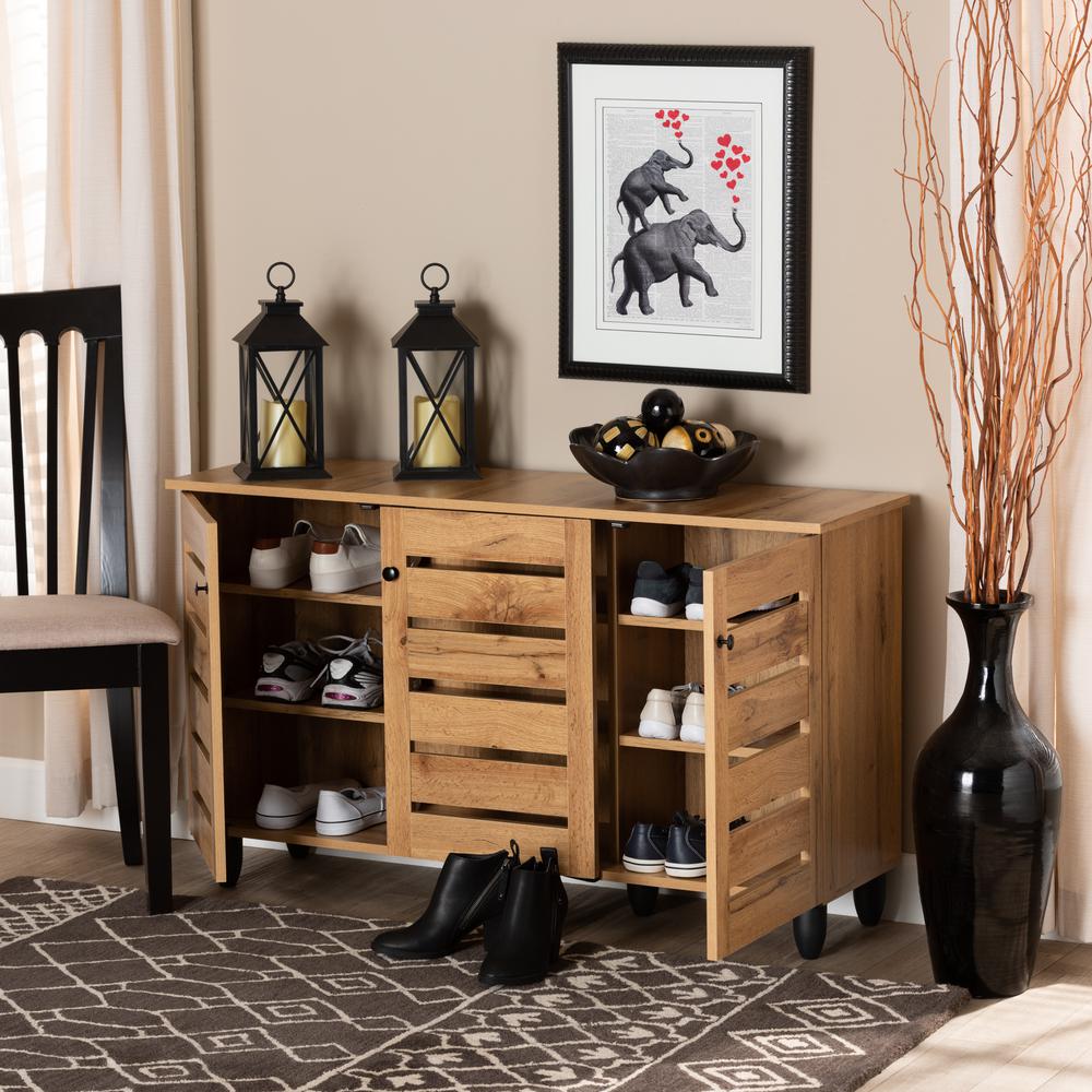 Oak Brown Finished Wood 3-Door Shoe Storage Cabinet. Picture 18
