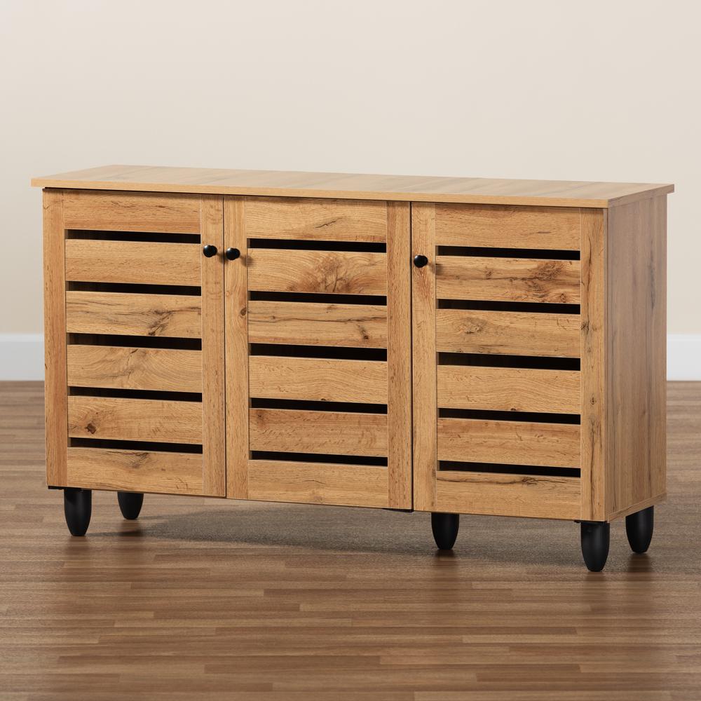 Oak Brown Finished Wood 3-Door Shoe Storage Cabinet. Picture 19