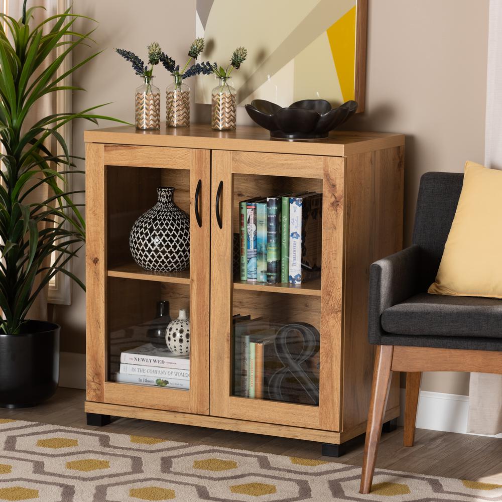 Oak Brown Finished Wood 2-Door Storage Cabinet with Glass Doors. Picture 17