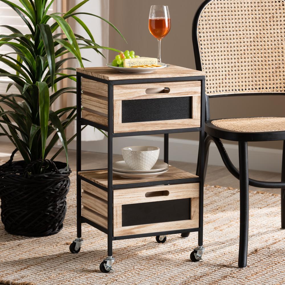 Industrial Oak Brown Finished Wood and Black Metal 2-Drawer End Table. Picture 16