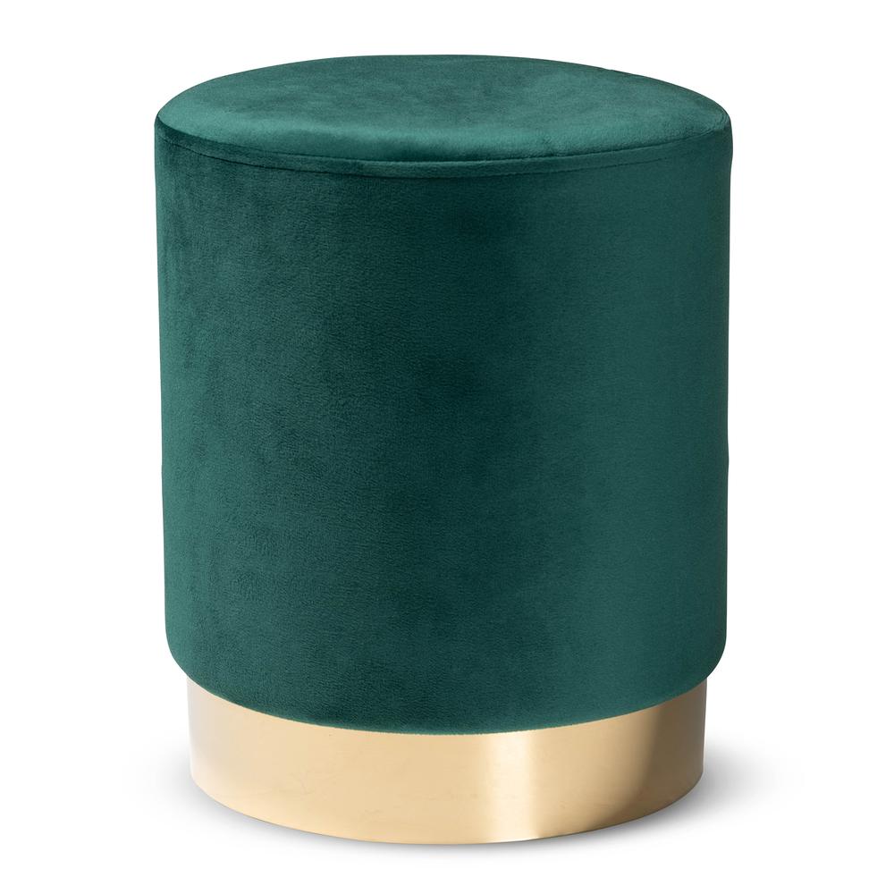 Glam and Luxe Green Velvet Fabric Upholstered and Gold Finished Metal Ottoman. Picture 8