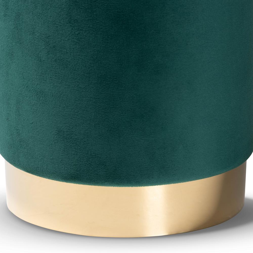 Glam and Luxe Green Velvet Fabric Upholstered and Gold Finished Metal Ottoman. Picture 9