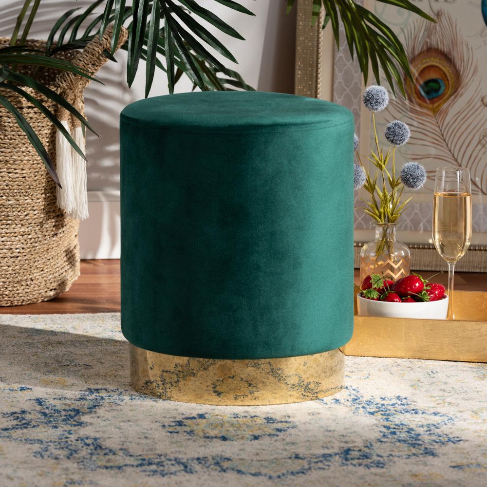 Glam and Luxe Green Velvet Fabric Upholstered and Gold Finished Metal Ottoman. Picture 12