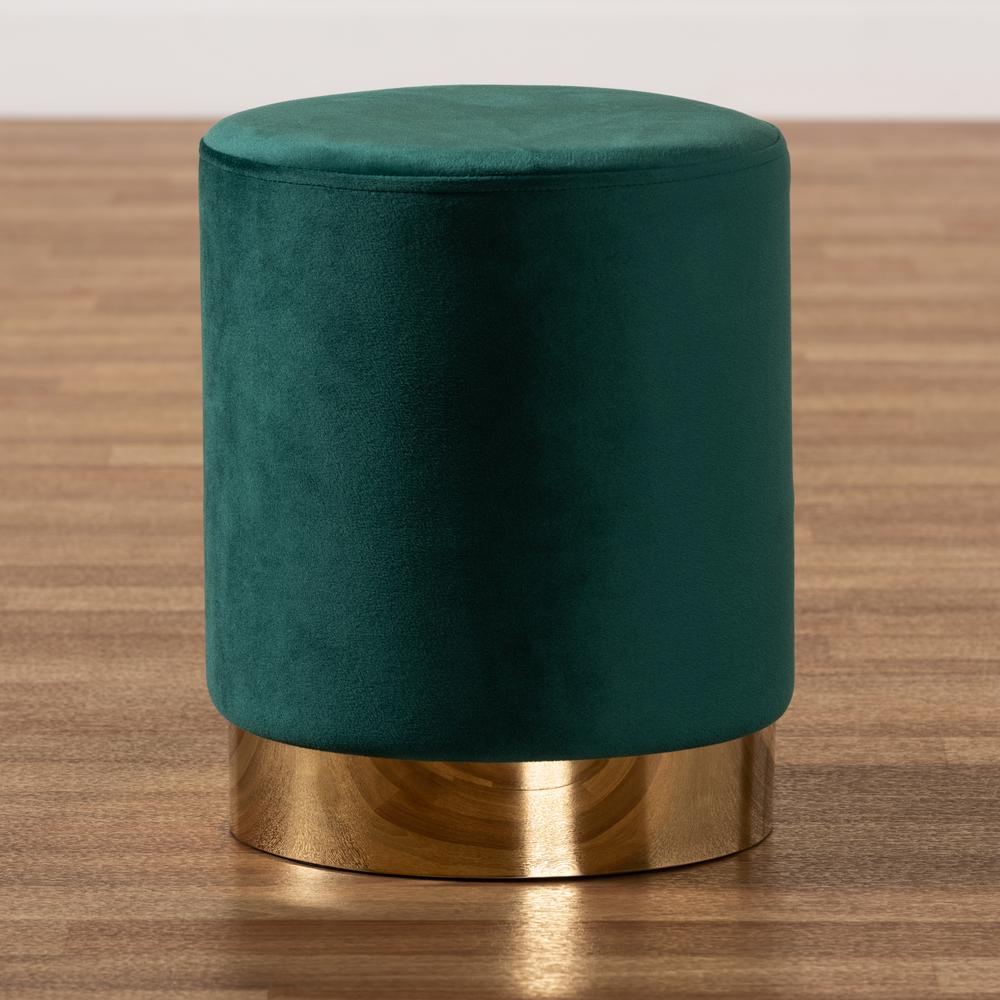 Glam and Luxe Green Velvet Fabric Upholstered and Gold Finished Metal Ottoman. Picture 13