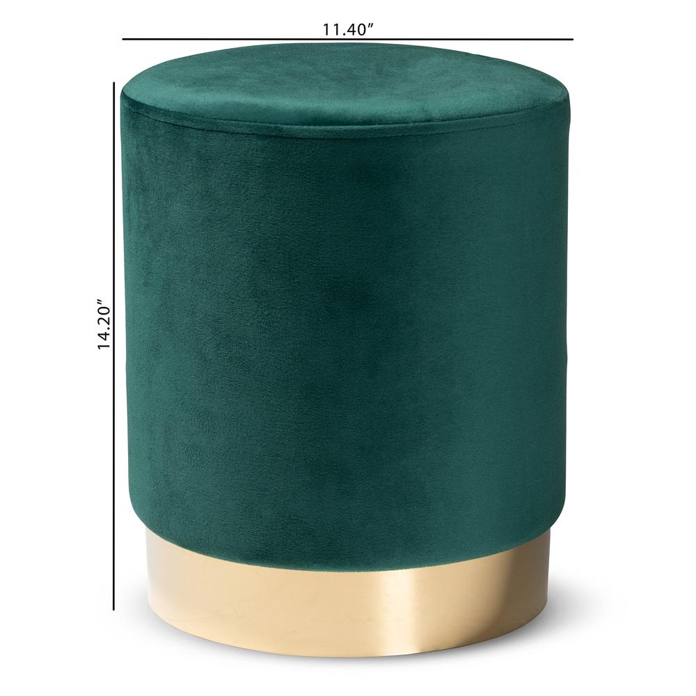 Glam and Luxe Green Velvet Fabric Upholstered and Gold Finished Metal Ottoman. Picture 14