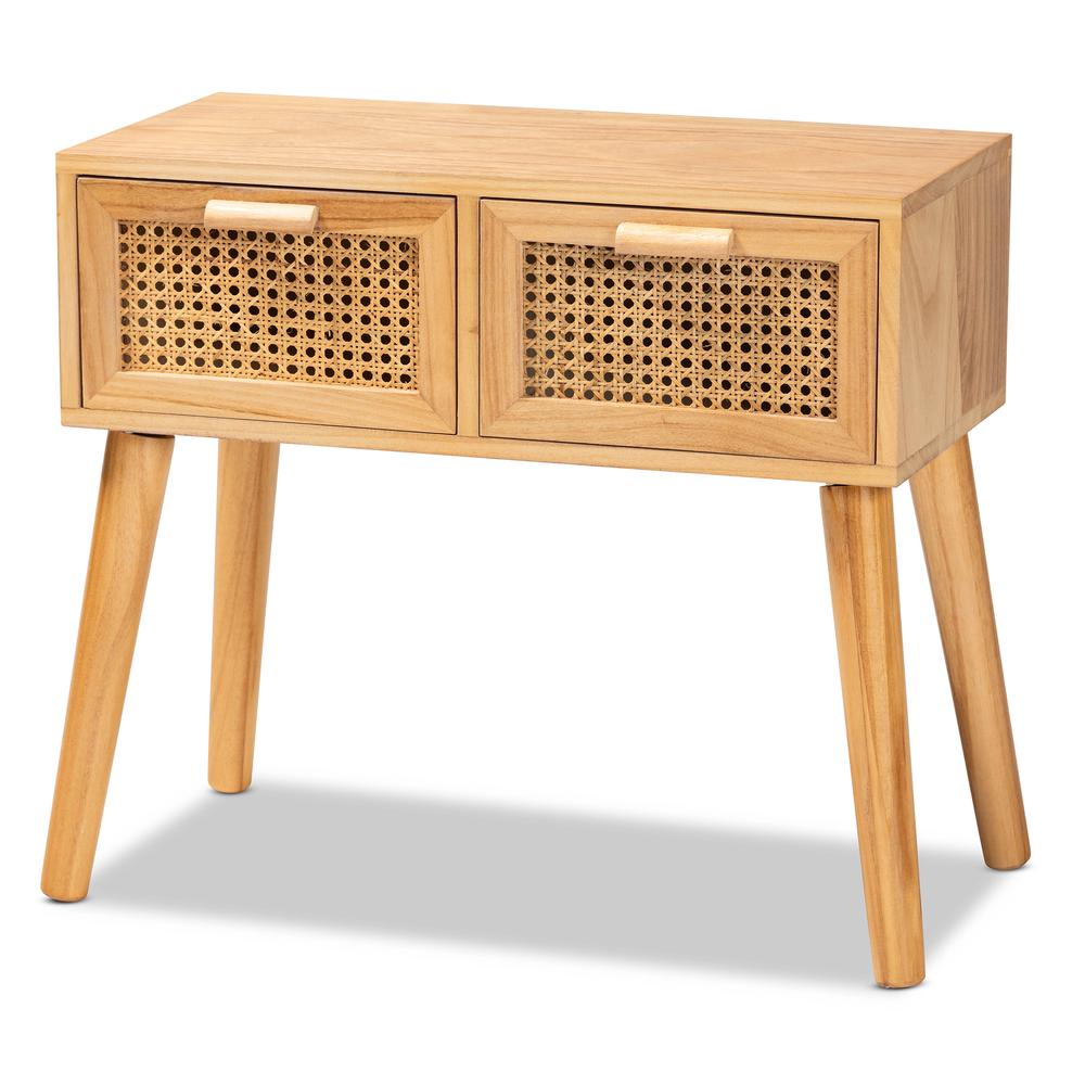 Oak Brown Finished Wood 2-Drawer Console Table with Rattan. Picture 11