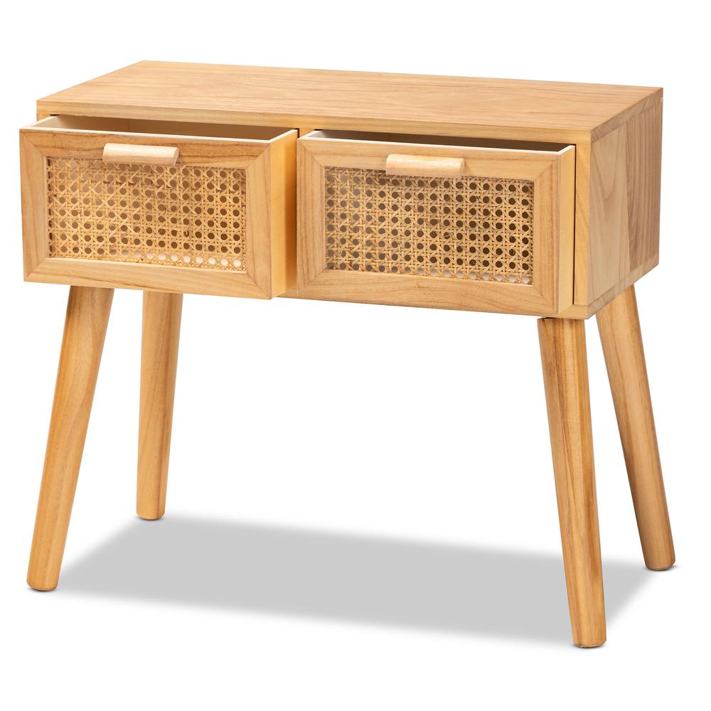Oak Brown Finished Wood 2-Drawer Console Table with Rattan. Picture 12