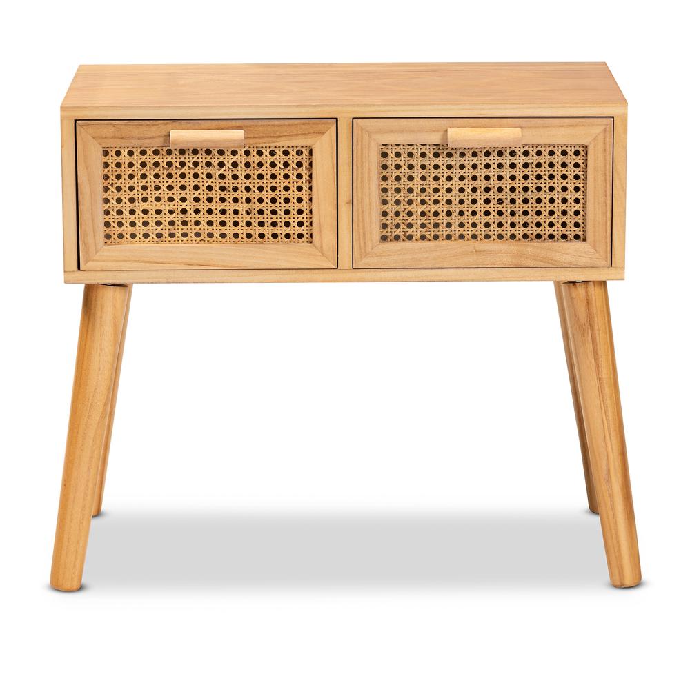 Oak Brown Finished Wood 2-Drawer Console Table with Rattan. Picture 13