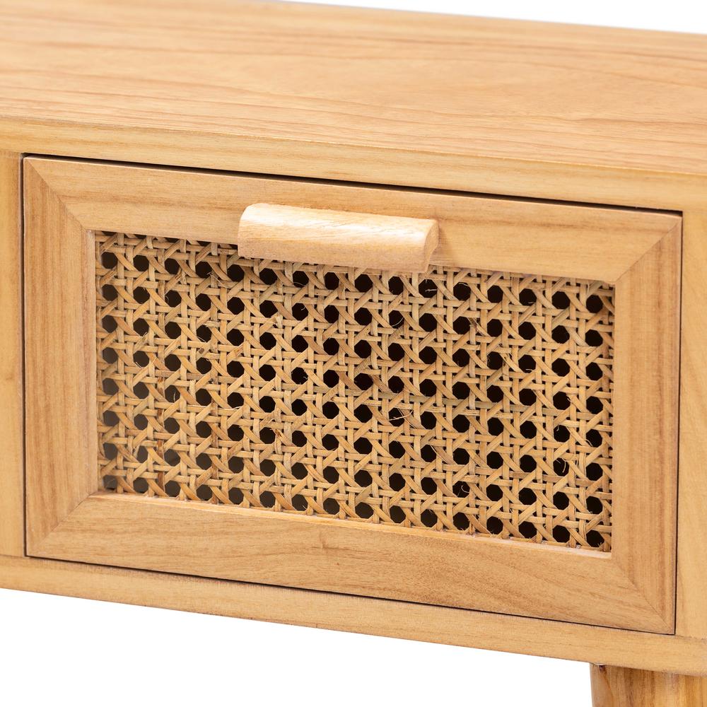 Oak Brown Finished Wood 2-Drawer Console Table with Rattan. Picture 15
