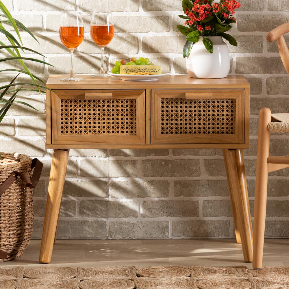 Oak Brown Finished Wood 2-Drawer Console Table with Rattan. Picture 18