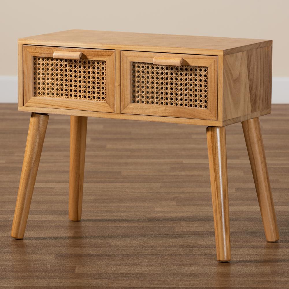 Oak Brown Finished Wood 2-Drawer Console Table with Rattan. Picture 19