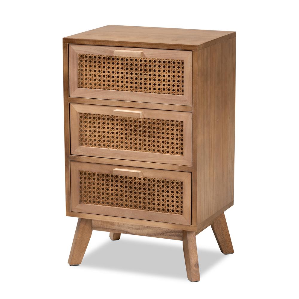 Walnut Brown Finished Wood 3-Drawer End Table with Rattan. Picture 11