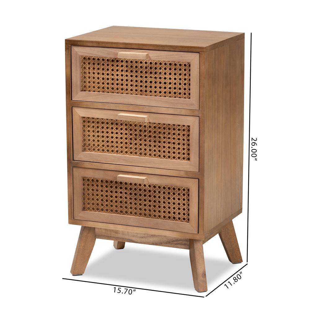 Walnut Brown Finished Wood 3-Drawer End Table with Rattan. Picture 20