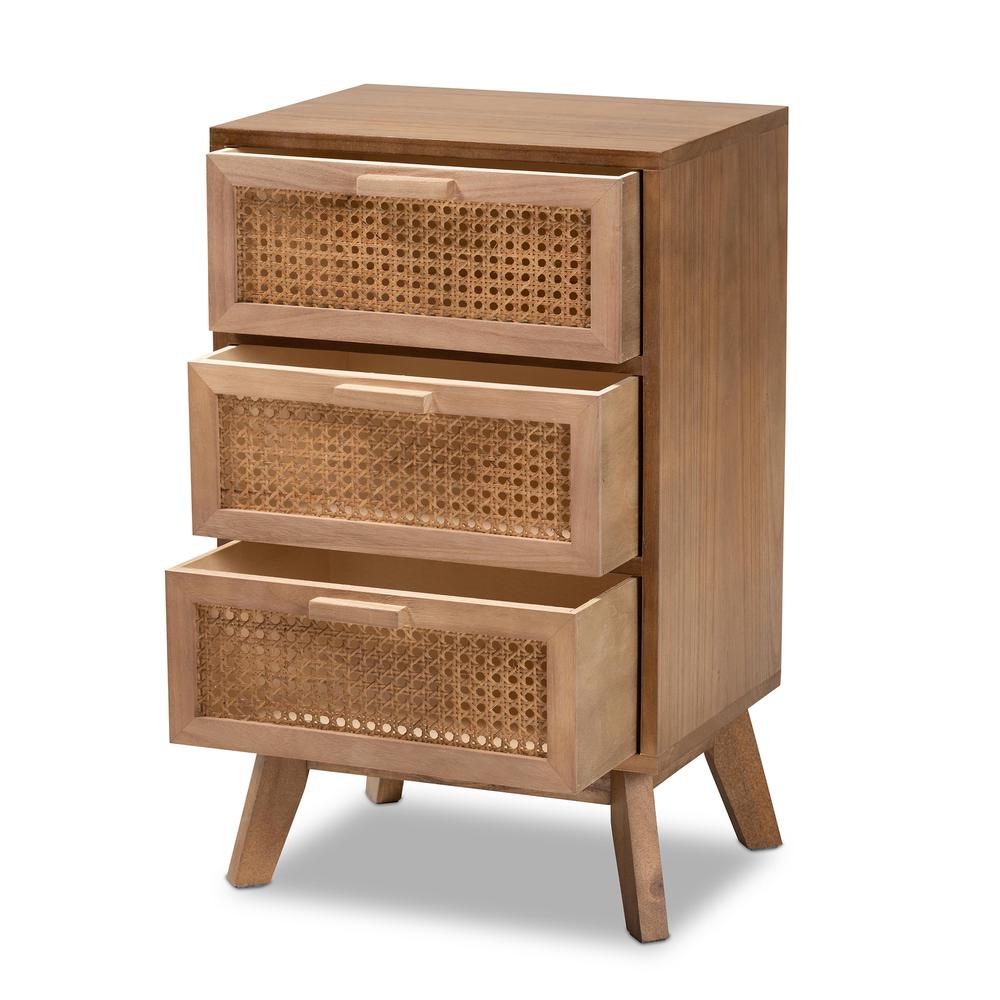 Walnut Brown Finished Wood 3-Drawer End Table with Rattan. Picture 12