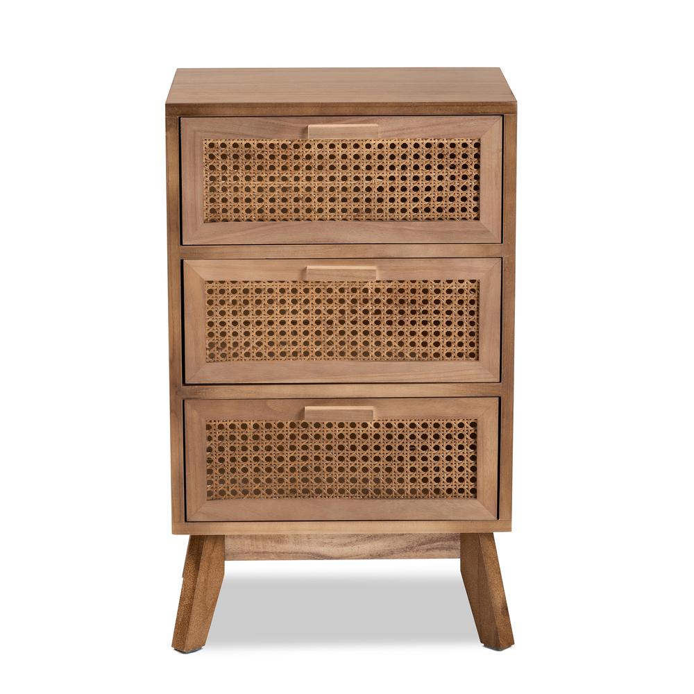 Walnut Brown Finished Wood 3-Drawer End Table with Rattan. Picture 13