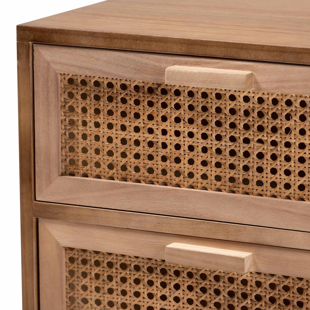 Walnut Brown Finished Wood 3-Drawer End Table with Rattan. Picture 15