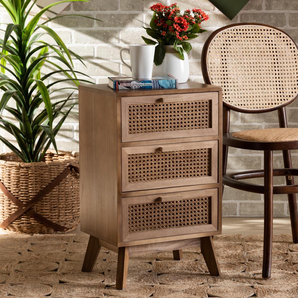 Walnut Brown Finished Wood 3-Drawer End Table with Rattan. Picture 18