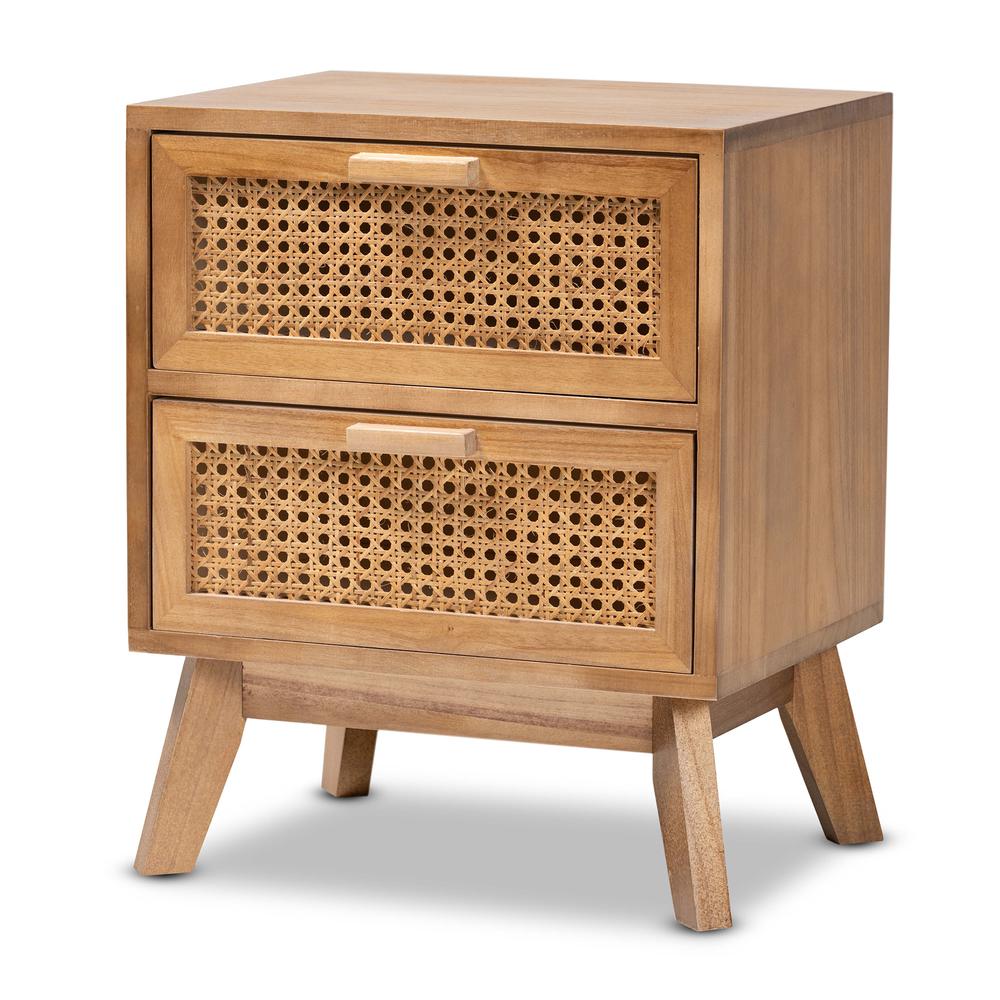Walnut Brown Finished Wood 2-Drawer End Table with Rattan. Picture 11