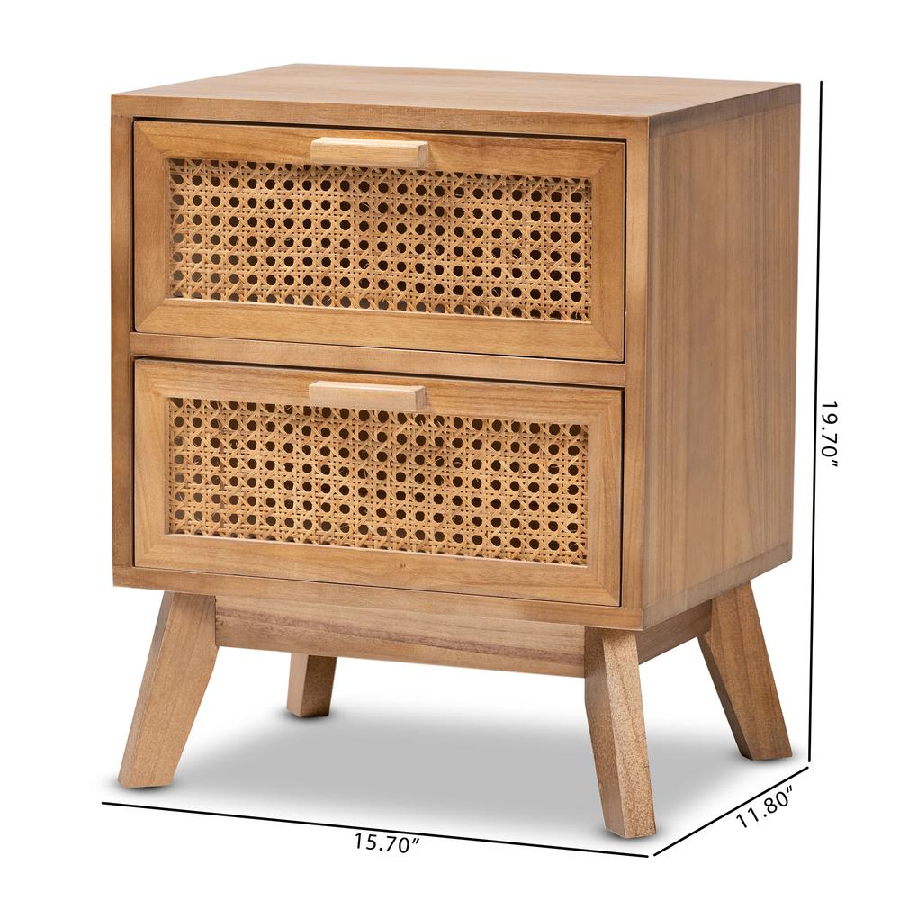 Walnut Brown Finished Wood 2-Drawer End Table with Rattan. Picture 20