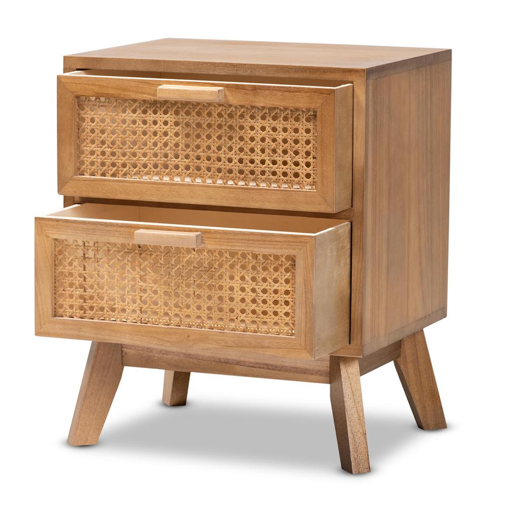 Walnut Brown Finished Wood 2-Drawer End Table with Rattan. Picture 12