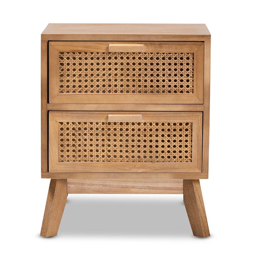 Walnut Brown Finished Wood 2-Drawer End Table with Rattan. Picture 13