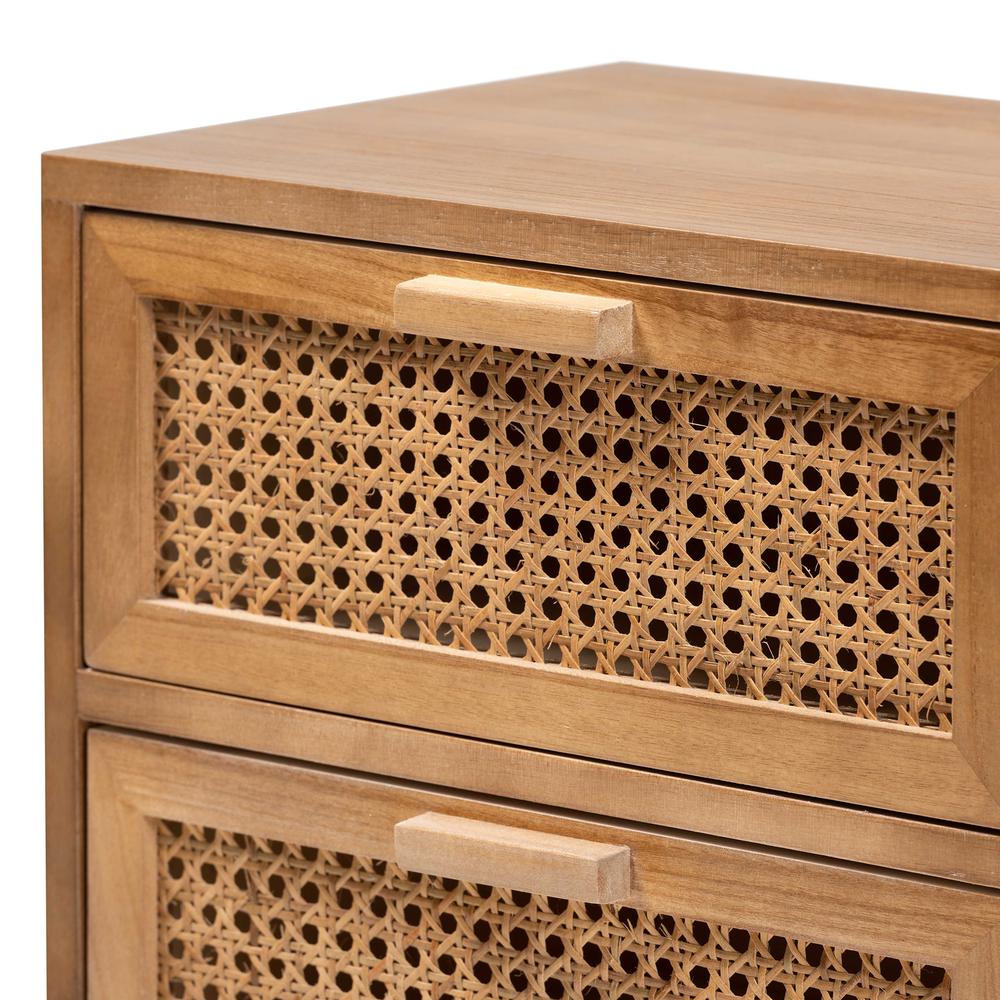 Walnut Brown Finished Wood 2-Drawer End Table with Rattan. Picture 15
