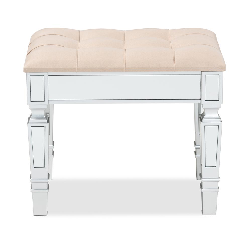 Glam and Luxe Beige Fabric Upholstered and Silver Finished Wood Ottoman. Picture 10