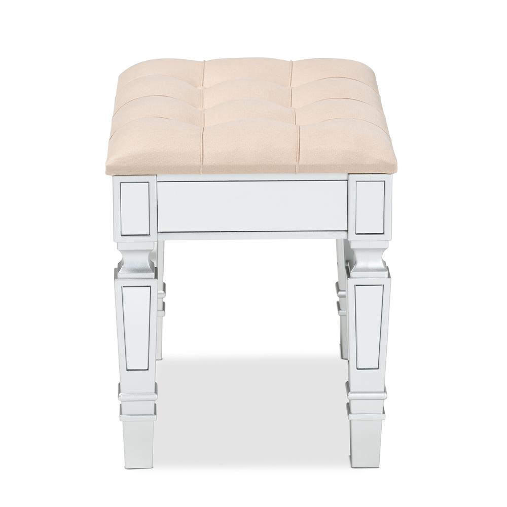 Glam and Luxe Beige Fabric Upholstered and Silver Finished Wood Ottoman. Picture 11