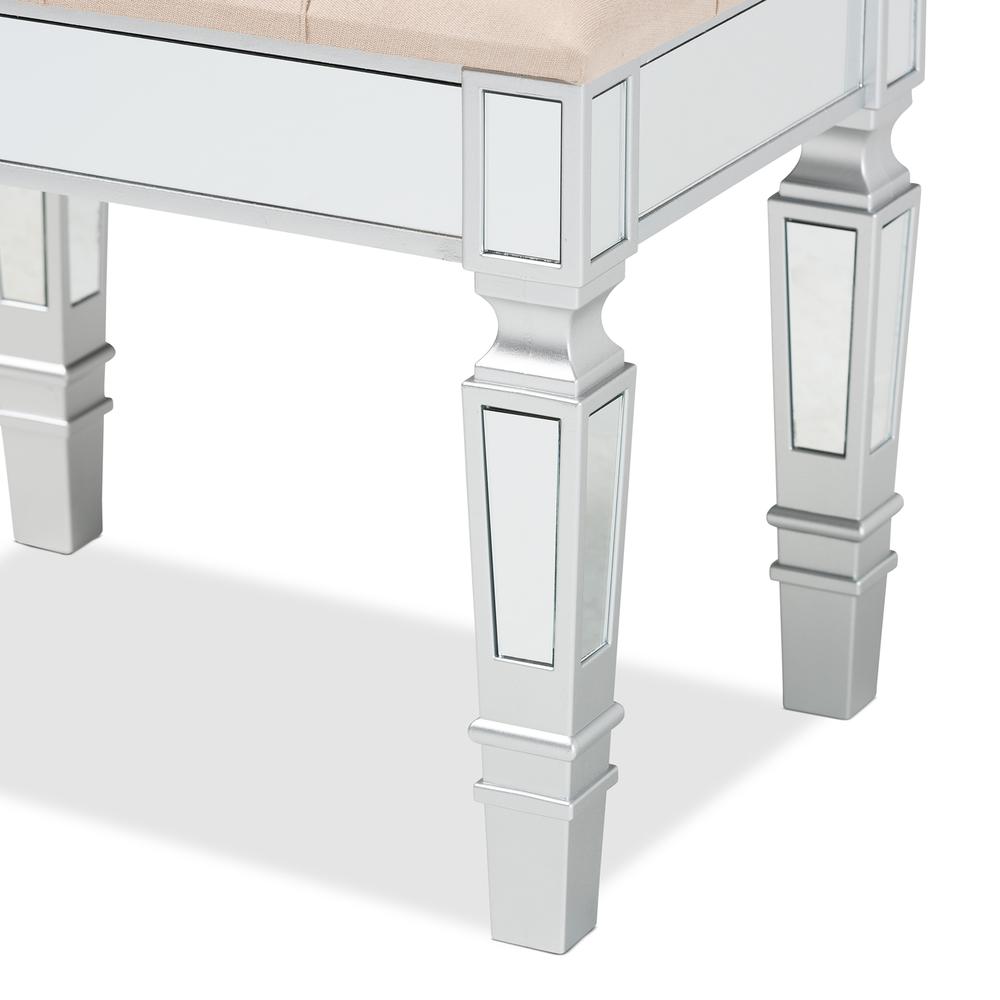 Glam and Luxe Beige Fabric Upholstered and Silver Finished Wood Ottoman. Picture 12