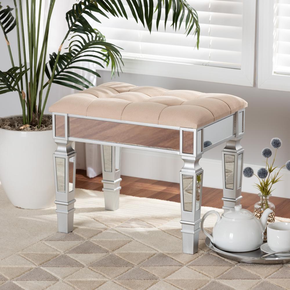Glam and Luxe Beige Fabric Upholstered and Silver Finished Wood Ottoman. Picture 14