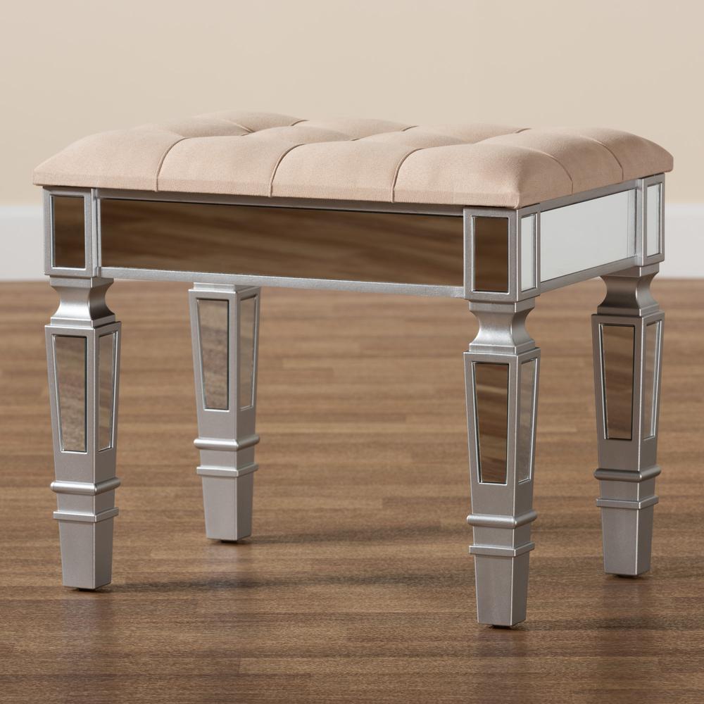 Glam and Luxe Beige Fabric Upholstered and Silver Finished Wood Ottoman. Picture 15