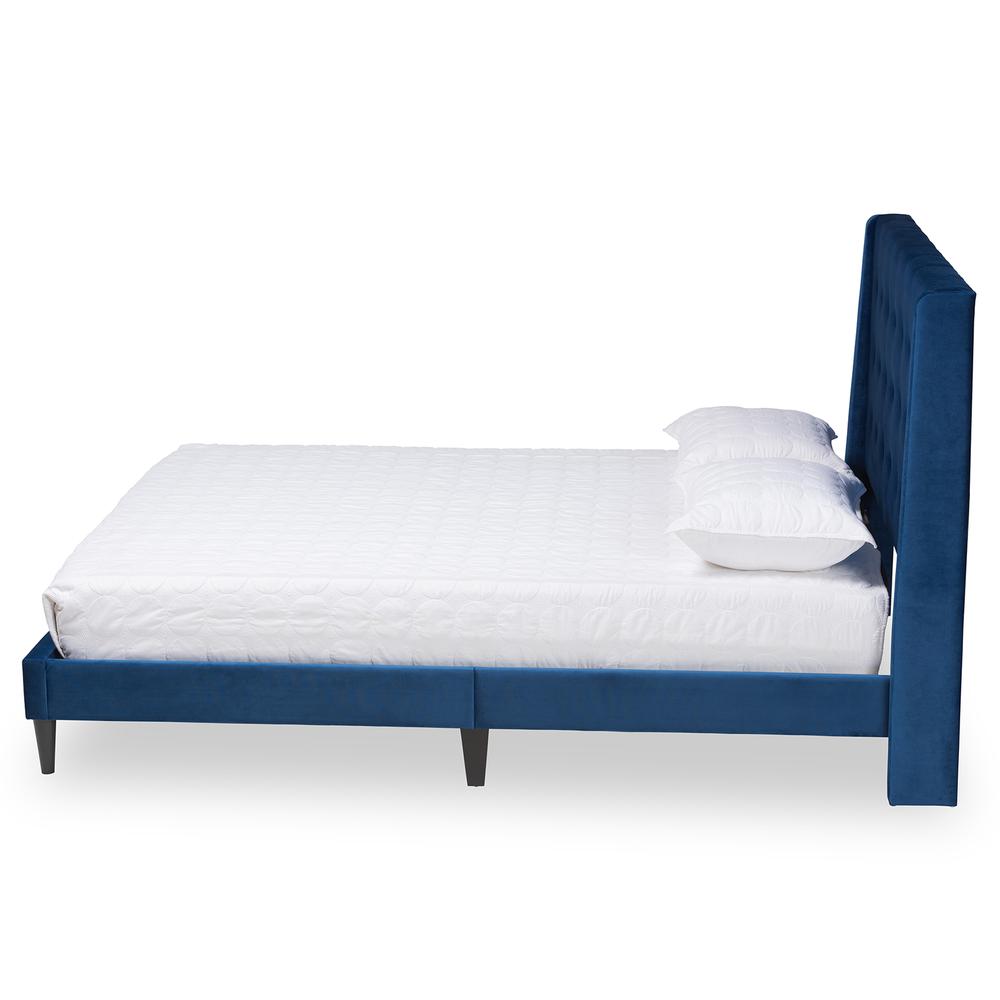 Navy Blue Velvet Fabric and Dark Brown Finished Wood King Size Platform Bed. Picture 2