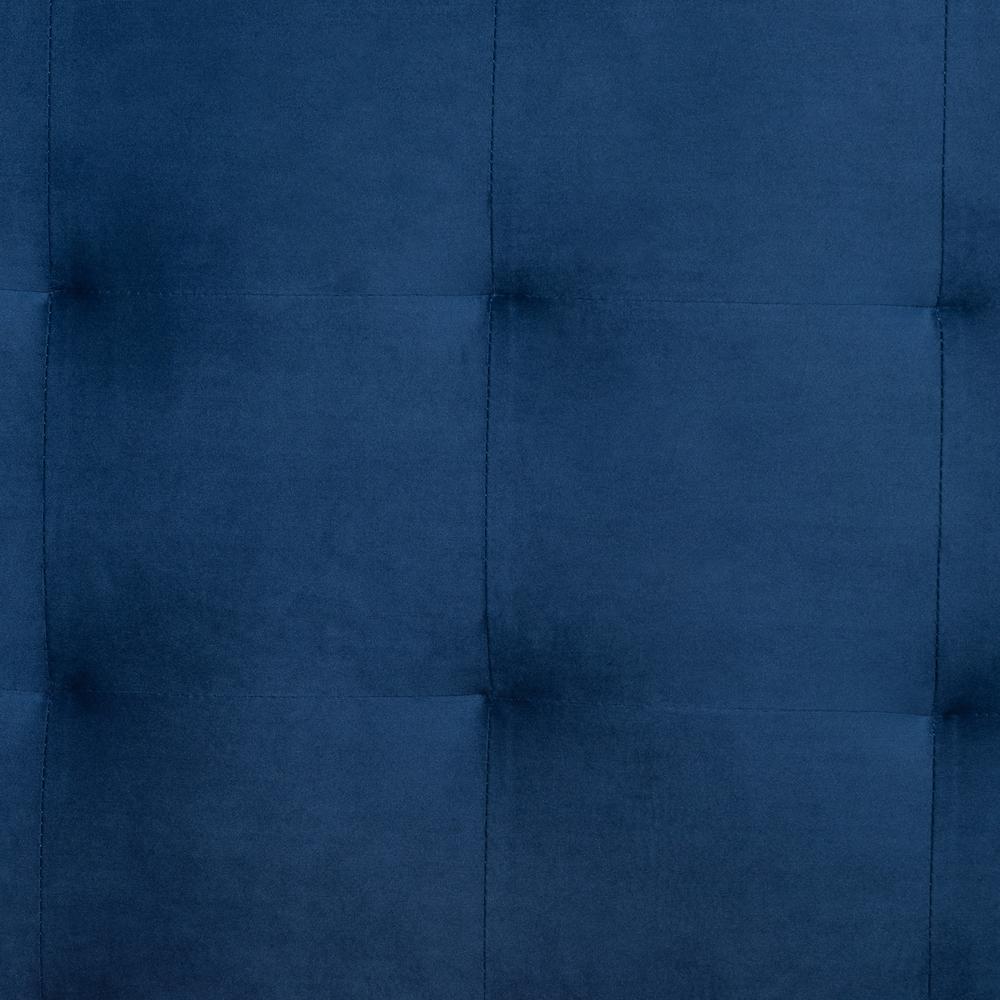 Navy Blue Velvet Fabric and Dark Brown Finished Wood King Size Platform Bed. Picture 9