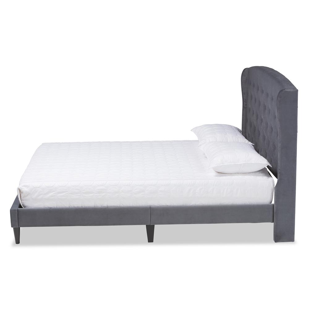 Grey Velvet Fabric and Dark Brown Finished Wood King Size Platform Bed. Picture 3