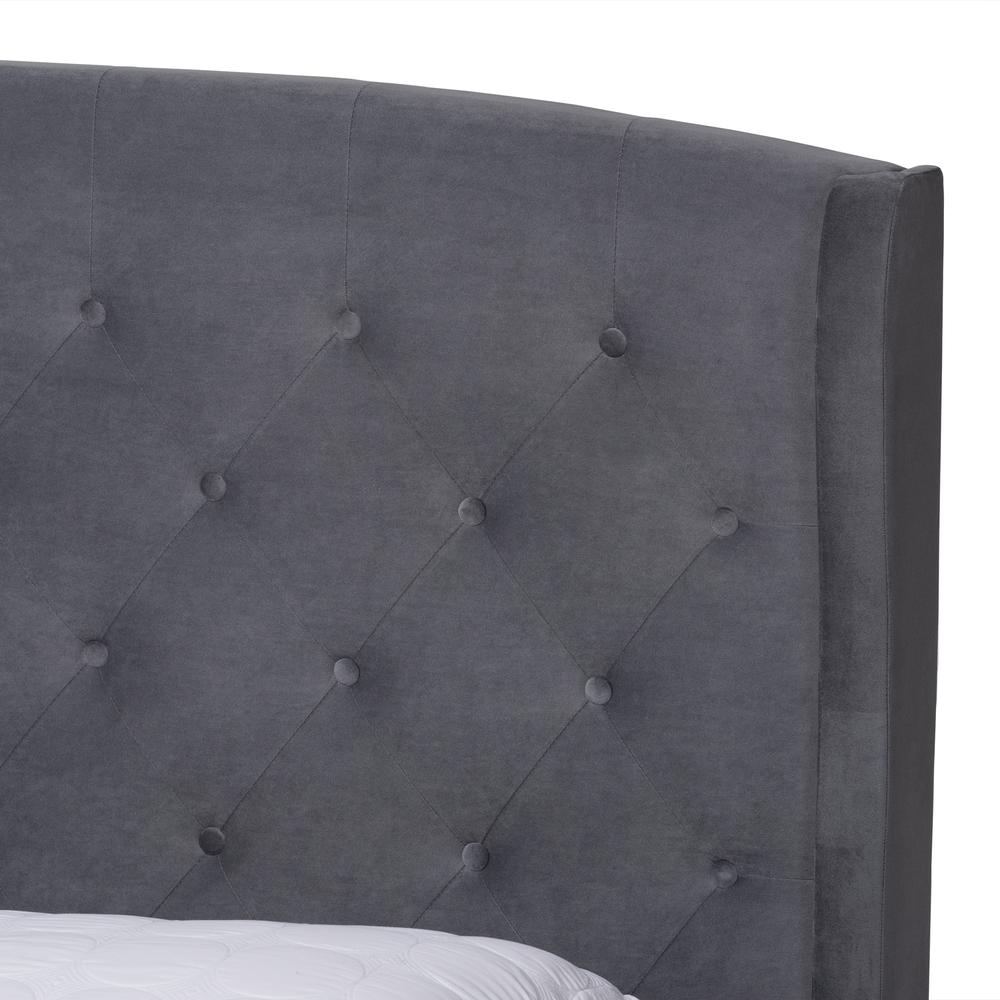 Grey Velvet Fabric and Dark Brown Finished Wood King Size Platform Bed. Picture 5