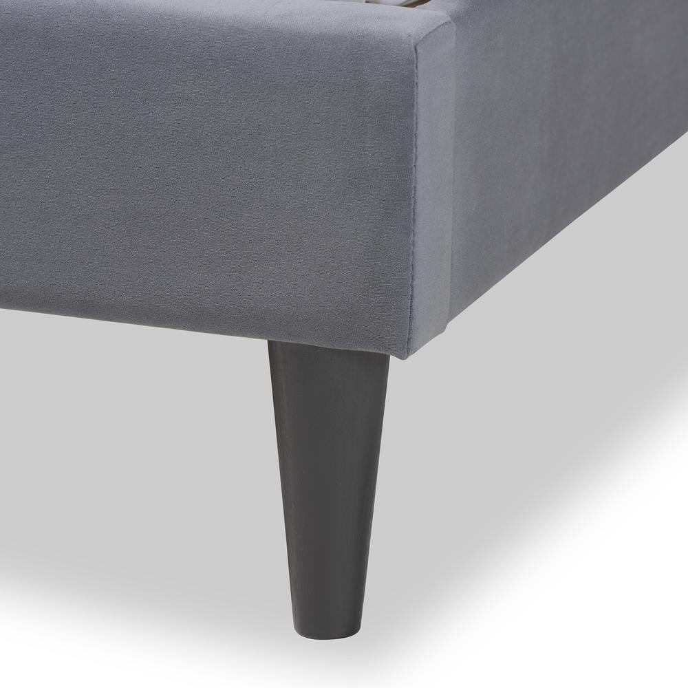 Grey Velvet Fabric and Dark Brown Finished Wood King Size Platform Bed. Picture 6