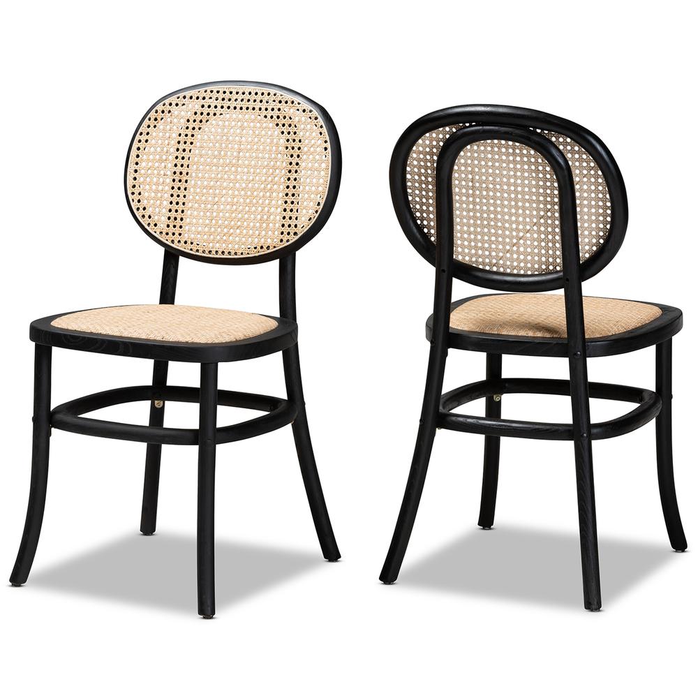 Brown Woven Rattan and Black Wood 2-Piece Cane Dining Chair Set. Picture 9