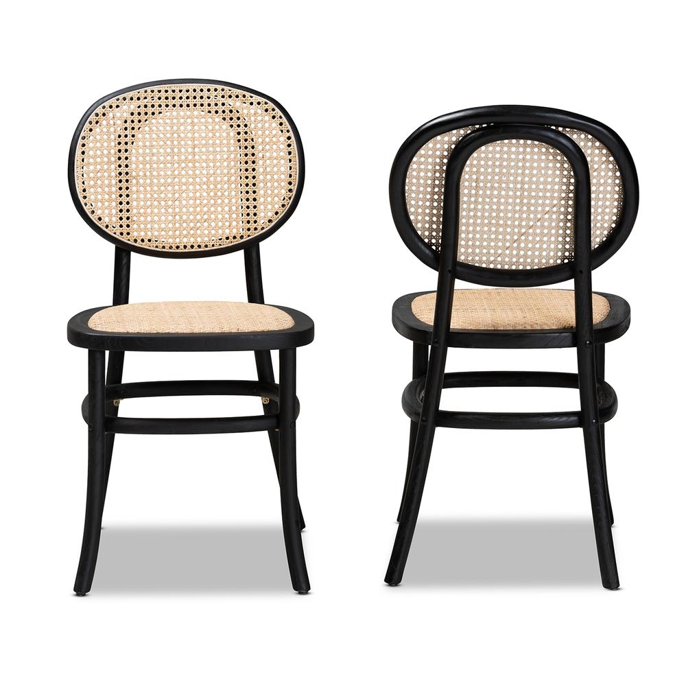 Brown Woven Rattan and Black Wood 2-Piece Cane Dining Chair Set. Picture 10