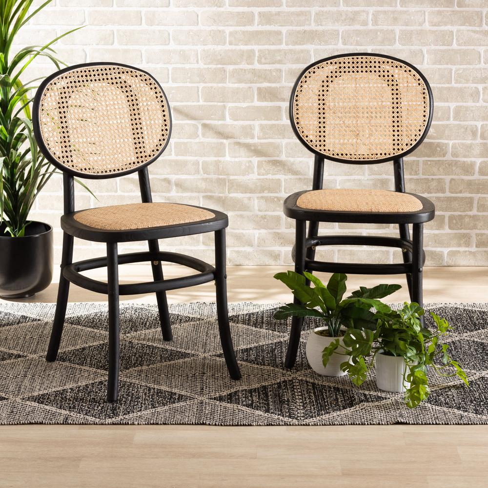 Brown Woven Rattan and Black Wood 2-Piece Cane Dining Chair Set. Picture 15