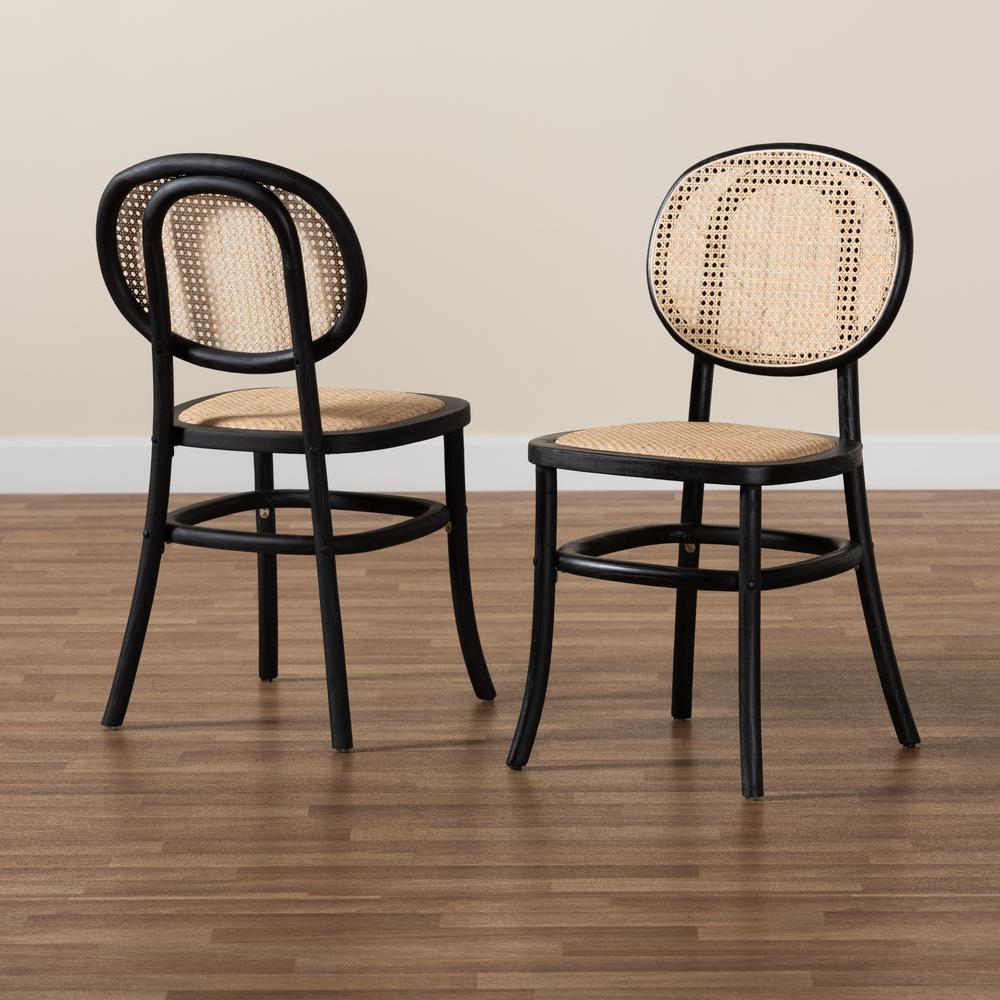 Brown Woven Rattan and Black Wood 2-Piece Cane Dining Chair Set. Picture 16