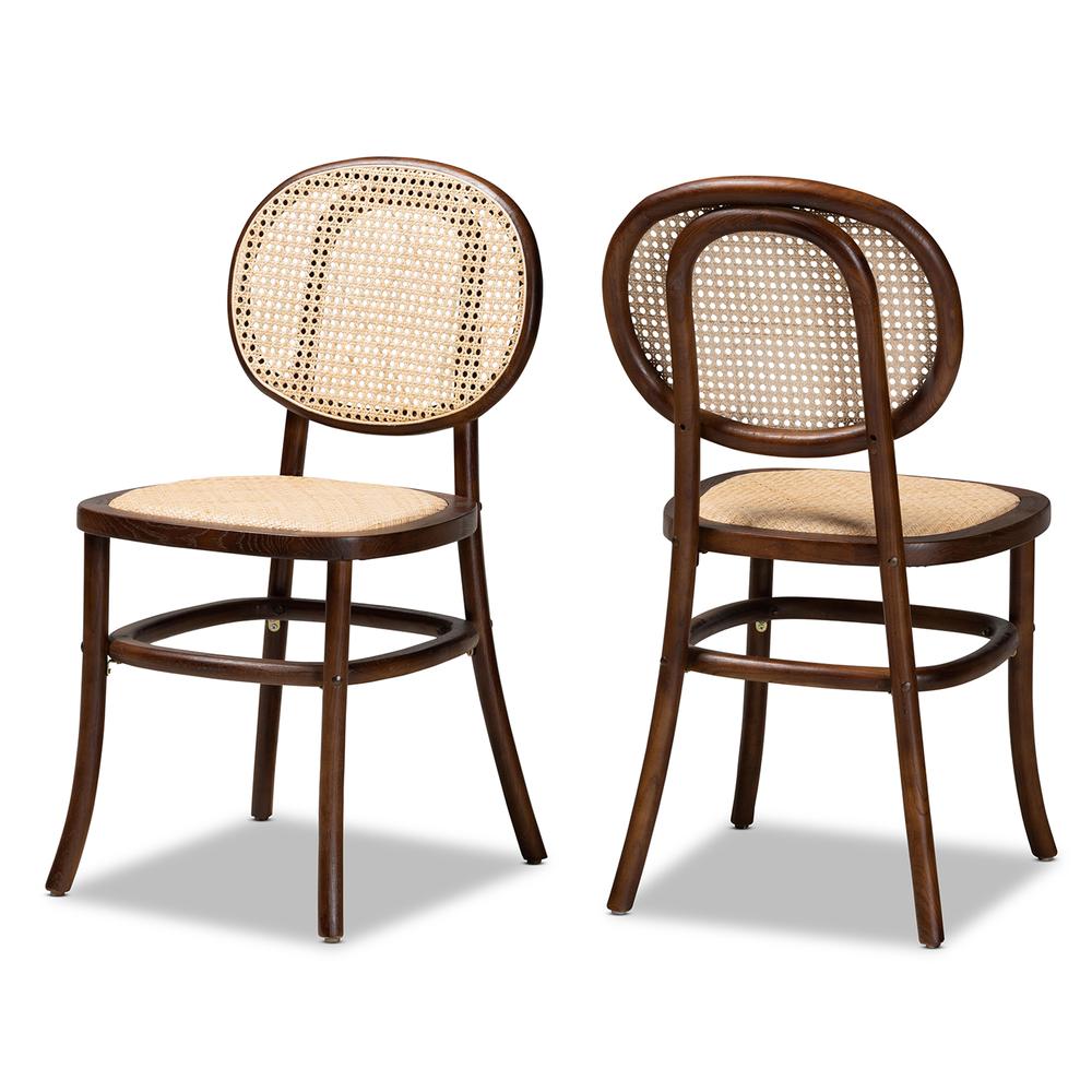 Brown Woven Rattan and Walnut Brown Wood 2-Piece Cane Dining Chair Set. Picture 9