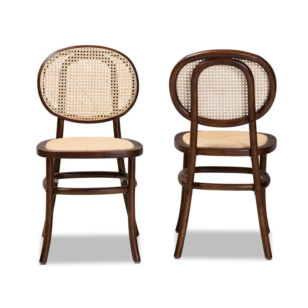 Brown Woven Rattan and Walnut Brown Wood 2-Piece Cane Dining Chair Set. Picture 10