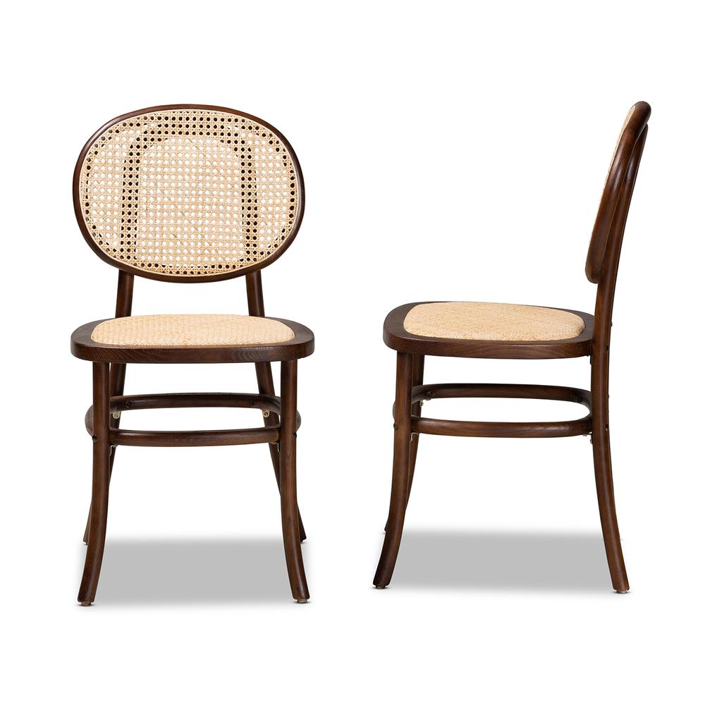 Brown Woven Rattan and Walnut Brown Wood 2-Piece Cane Dining Chair Set. Picture 11