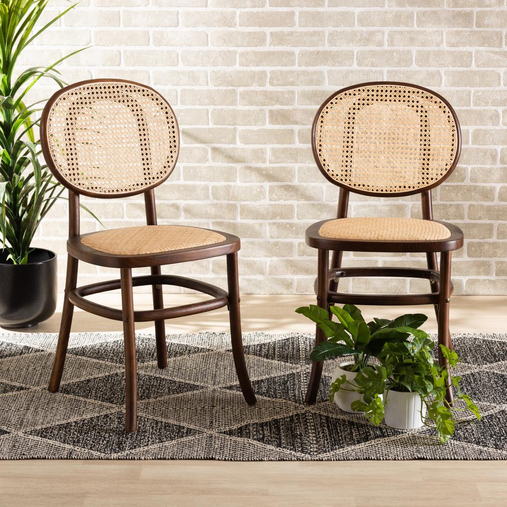Brown Woven Rattan and Walnut Brown Wood 2-Piece Cane Dining Chair Set. Picture 15