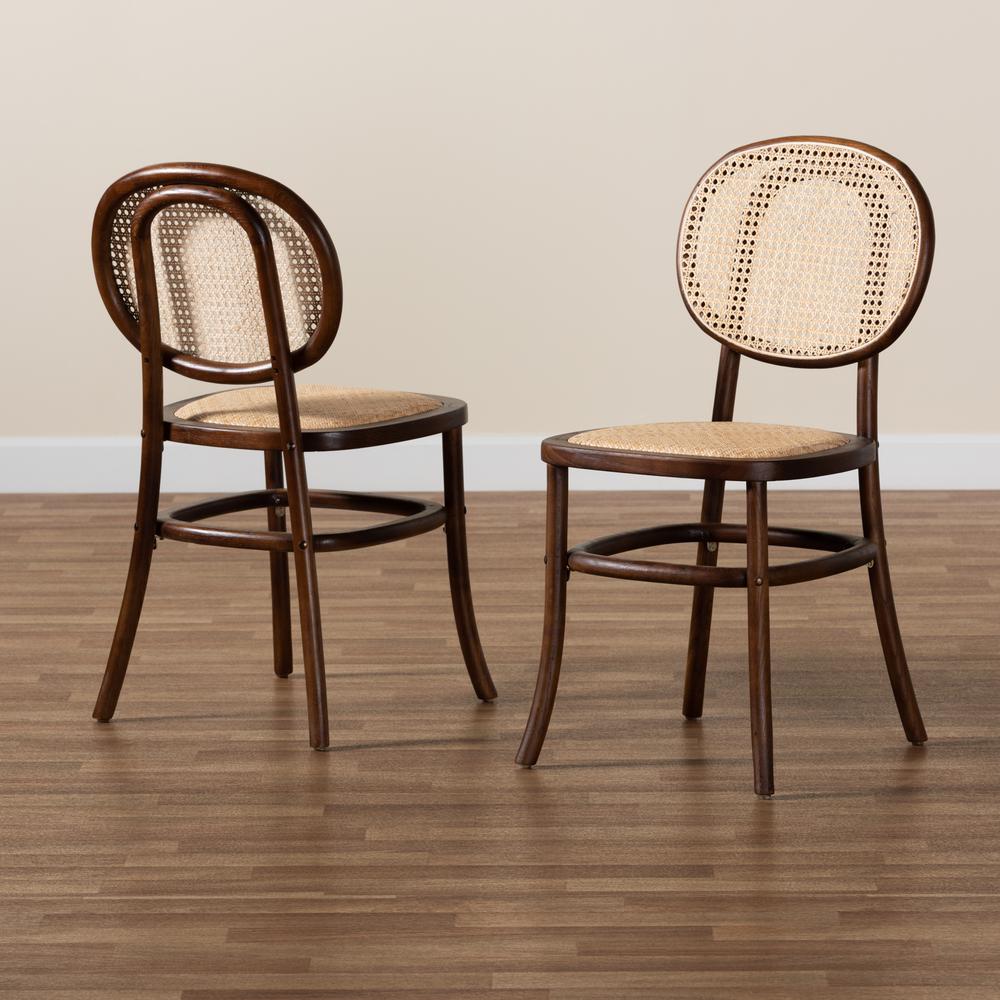 Brown Woven Rattan and Walnut Brown Wood 2-Piece Cane Dining Chair Set. Picture 16
