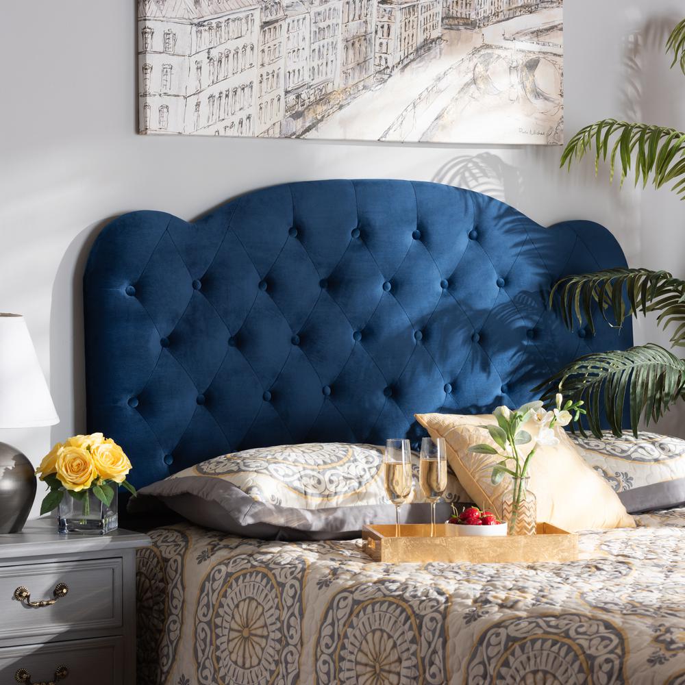 Navy Blue Velvet Fabric Upholstered Queen Size Headboard. Picture 12